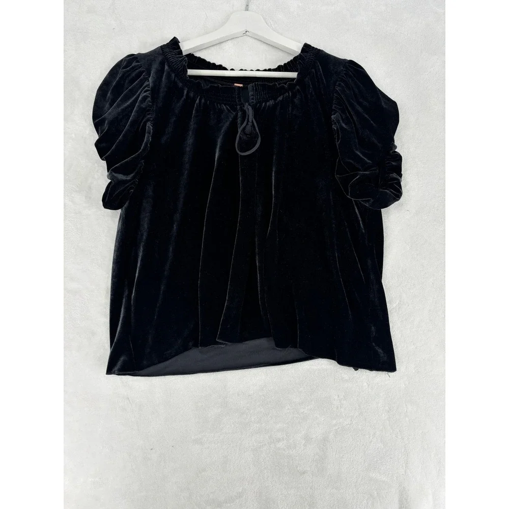 Free People Velvet Top Size L Black Smocked Puff Sleeve‎ Tie Neck Boho